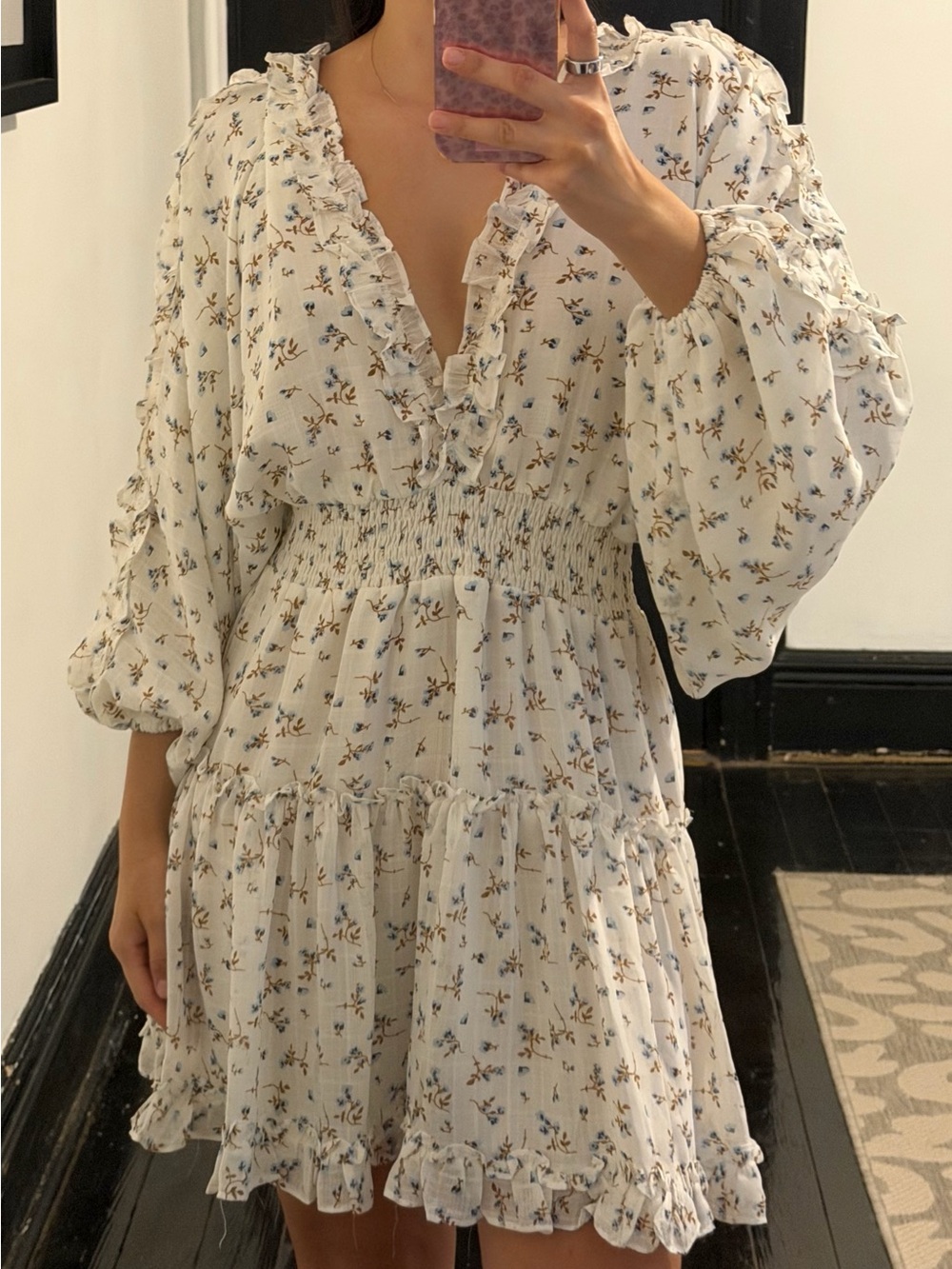 Storia Cream Floral Smocked Ruffle Mini Dress